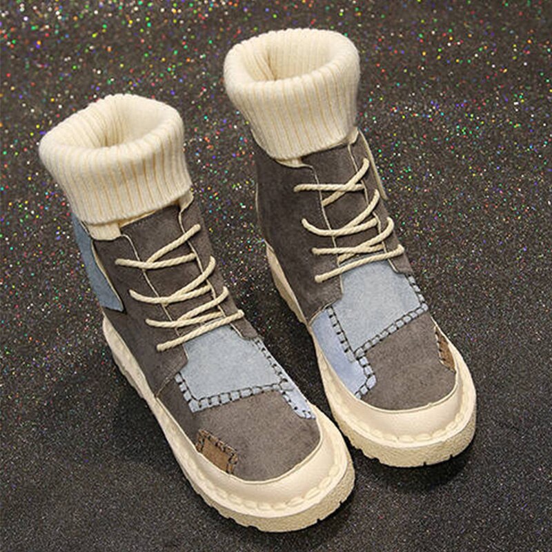 Ankle Boots For Women Sock Boots Patchwork Ladies Casual Platform Flat Woman Warm Plush Female Sewing Shoes
