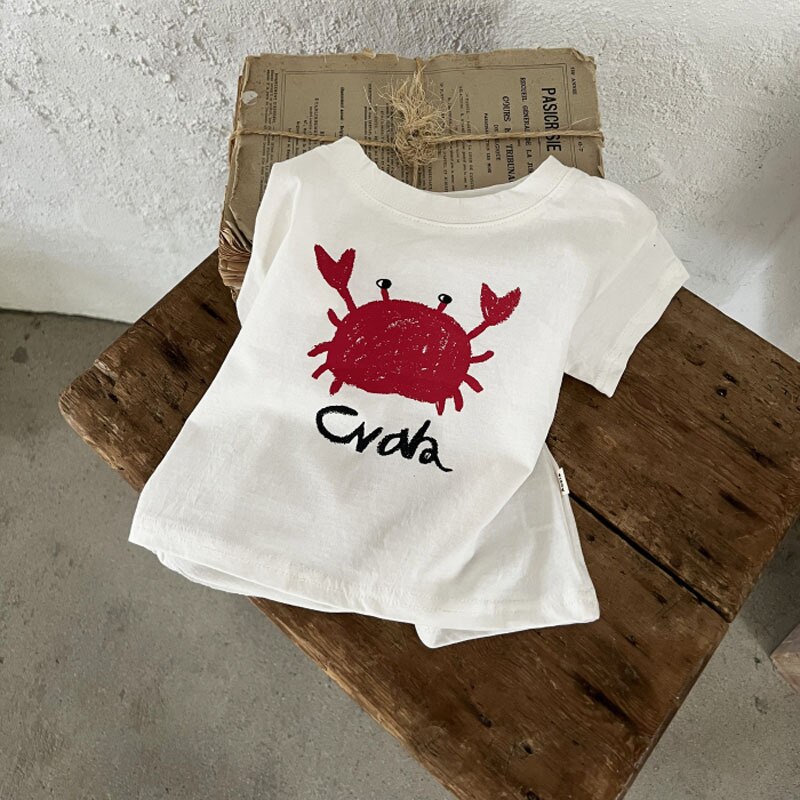 2022 Mode Korte Cartoon Krab/Walvis Afdruk Zomer T-shirt Baby Jongens Meisjes Uitgaan Tops Tee Outfits