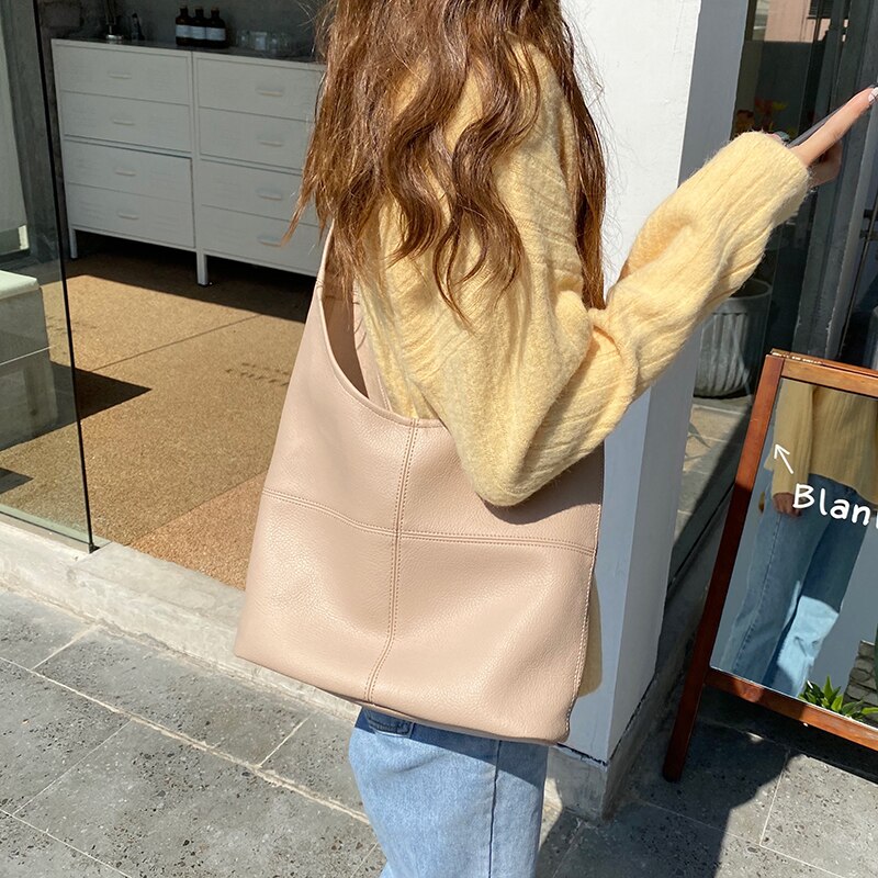 Kvindelig spandpose koreansk stor tote-taske chic chic skuldertaske punge håndtasker simpelt blødt læder crossboby
