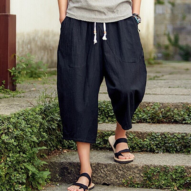 Été hommes décontracté coton lin pantalon large jambe poche lâche rétro cordon élastique taille mollet longueur pantalon pour hommes: Black / XXXL