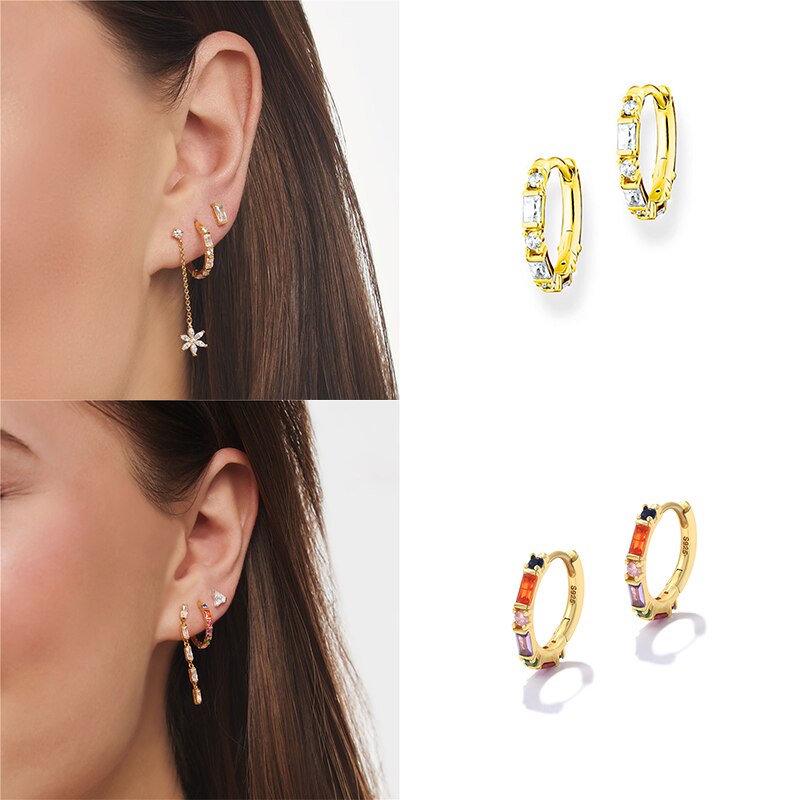 CANNER-Pendientes de aro de circón para mujer y niña, aretes Huggie europeos y americanos, arcoíris de colores, Piercing