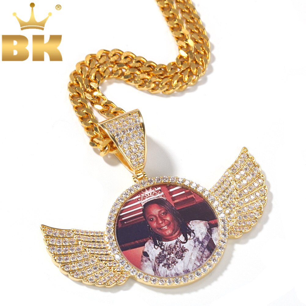 THE BLING KING Cubic Zirconia Made Photo Pendant Necklace Soild Back Full Iced Out Wing Round Tag Hiphop Jewelry