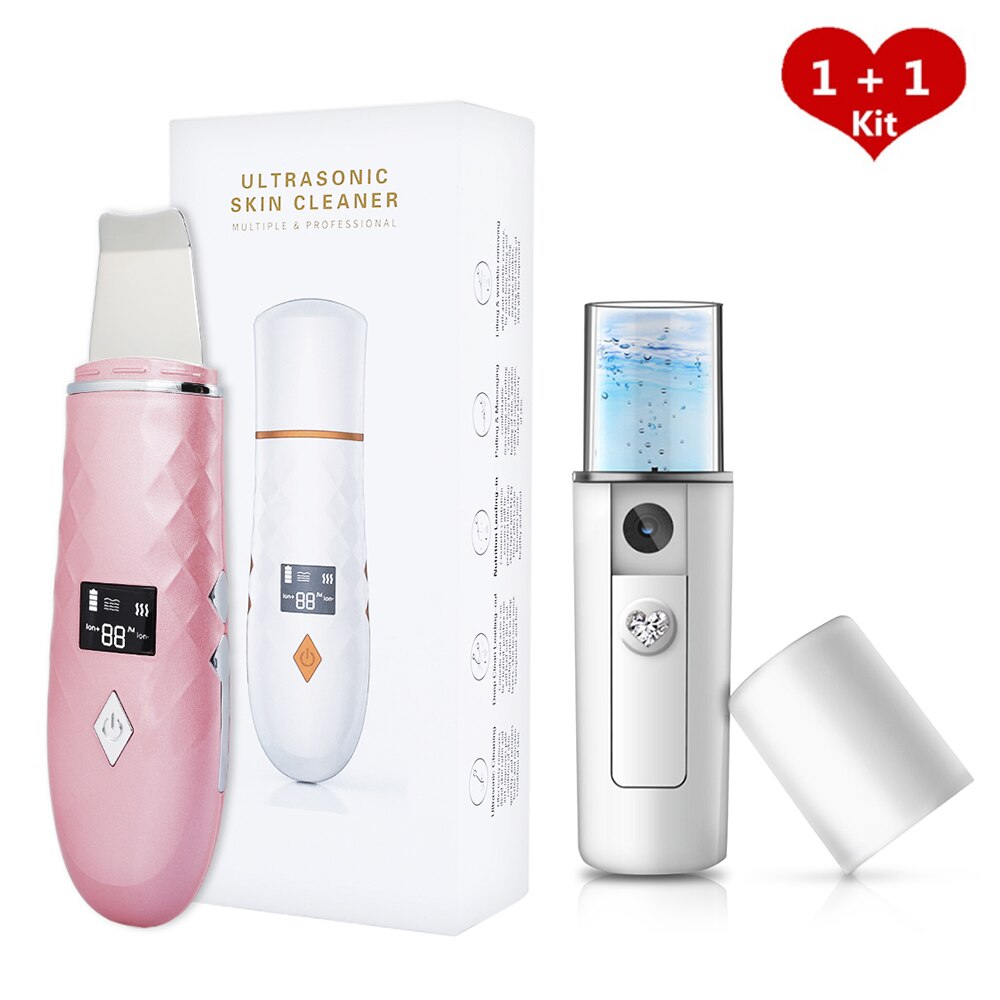 Depurador de piel con calor de 45 °C + rociador Facial de Nano ultrasónico, pala exfoliante eléctrica, limpiador de poros, masajeador de estiramiento Facial: Rose gold Set
