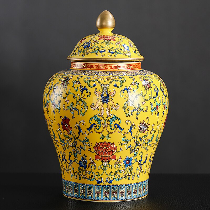 Caddie à fleurs peintes en céramique, Vase à fleurs de grande capacité, pot de rangement scellé avec couvercle, décoration de comptoir de porche: A