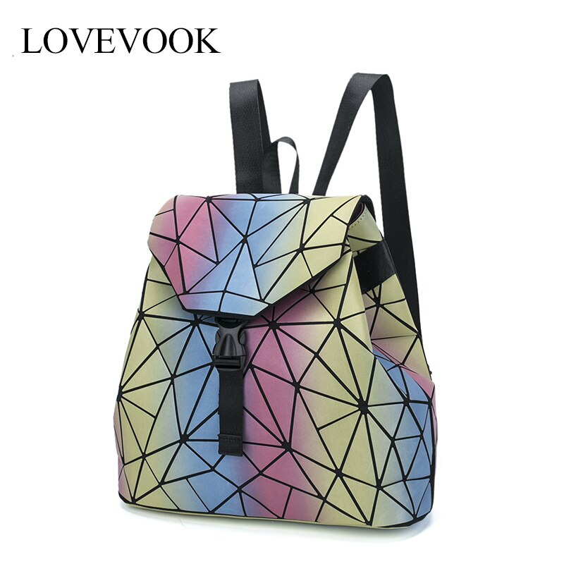 Neue Frauen Tasche Leucht Schule Rucksack Geometrische Schulter Tasche Klapp Schüler Schule Taschen Für Teenager Mädchen Holographische Rucksack