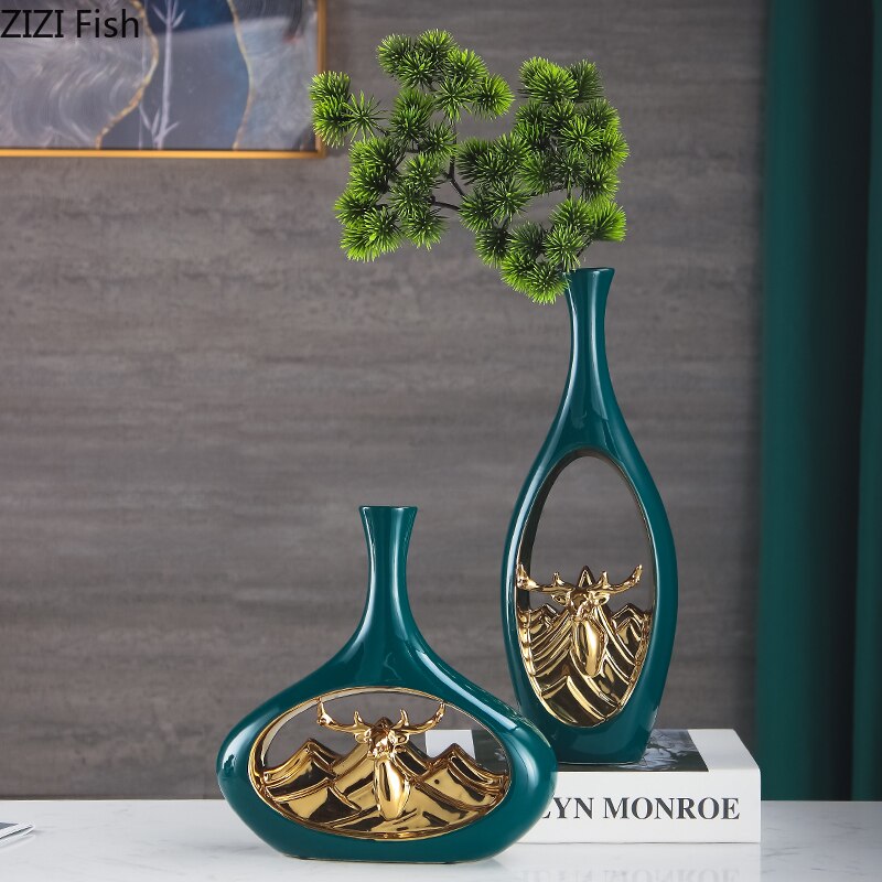 Vase en céramique nordique décoratif tête de cerf Vase doré Arrangement de fleurs florales creux porcelaine fleurs insérer décor à la maison moderne