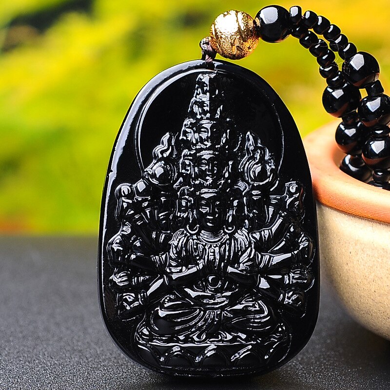 Natuurlijke Obsidiaan Hand Gesneden Avalokitesvara Hanger Boutique Sieraden Mannen En Vrouwen Kettingen Accessoires