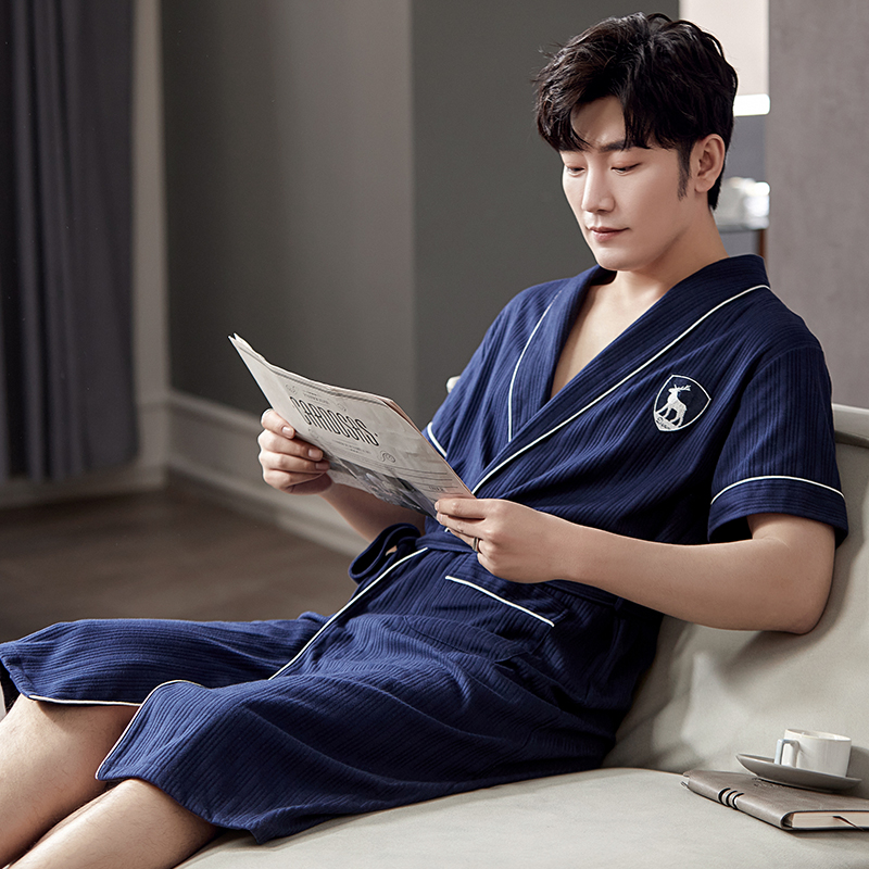 Zomer Gebreide Katoenen Mannen Gewaad Losse L-4XL Mannelijke Badjas Korte Mouwen Casual Zachte Nachtjapon