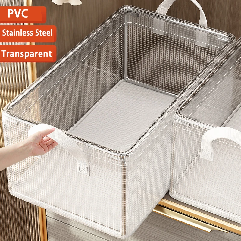 PVC Transparenter Aufbewahrungskorb für Kleidung Unterwäsche Aufbewahrungsbox Edelstahlrahmen Kleiderschrank Organizer Wasserdichte Stoffbox