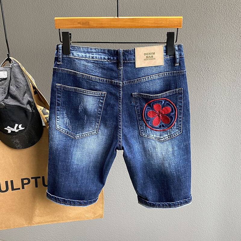 Short en jean brodé tigre chinois pour homme, tenue décontractée, coupe droite, Slim, Hip Hop, , nouvelle été
