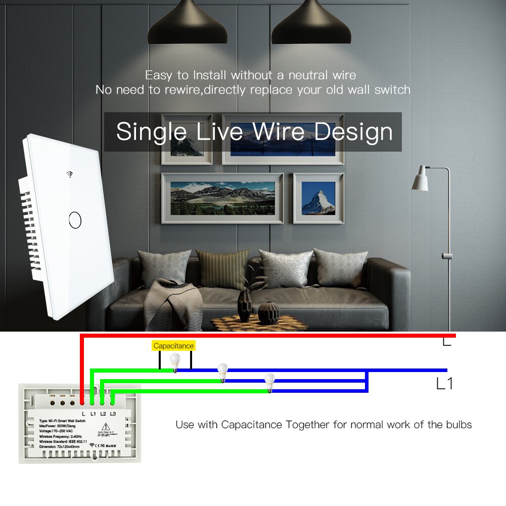 Rf433 slimme wifi-wandschakelaars zonder neutrale draad nodig, slimme wandschakelaar met één draad, werkt met alexa en google home 170-250v