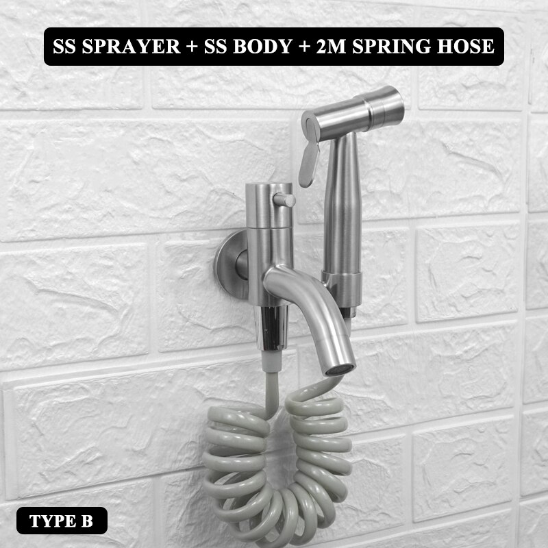 Toilet Bidet Tap Faucet Brushed Stainless Steel Portable Shower Bathroom Bidet Wall Mounted Mop Washer Tap with Shattaf Holder: B Whole Set PVC Hose