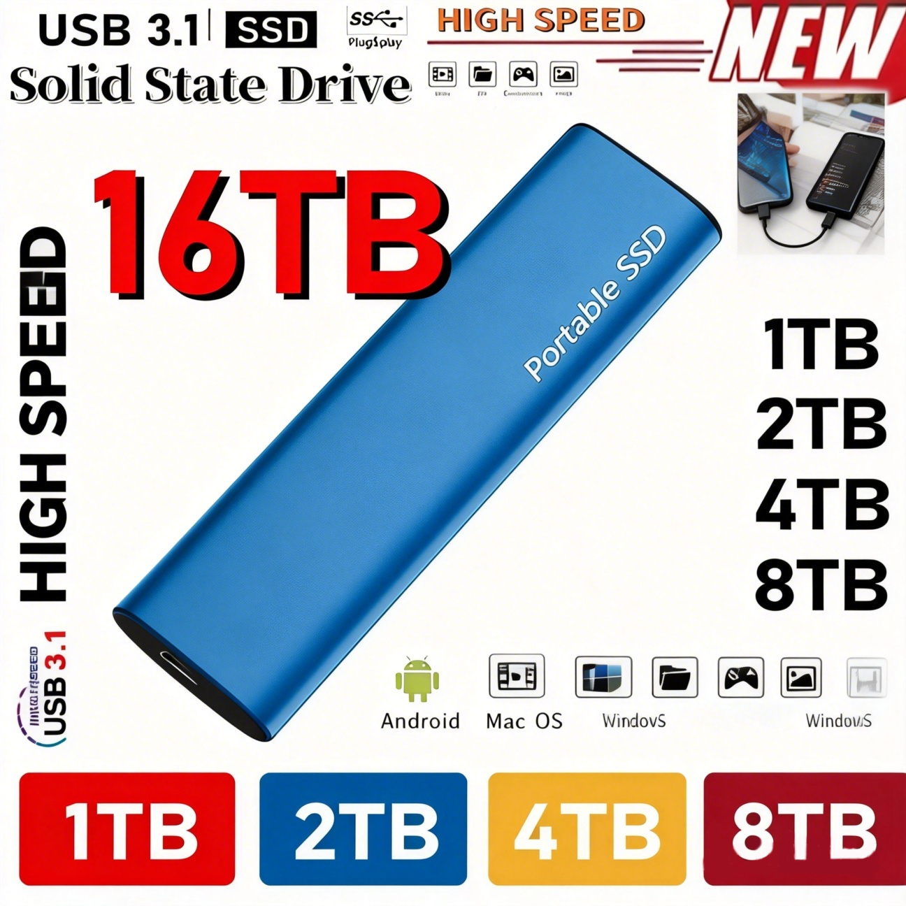 2TB Durable Portable External SSD USB3.1 Solid State Storage Drive For Laptop Mac Daily Storage