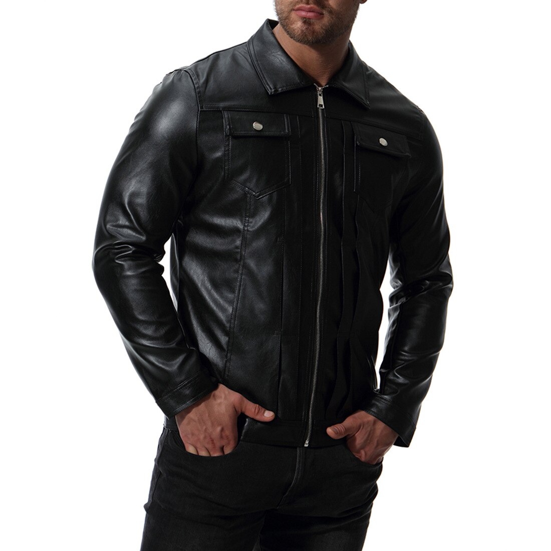 Outono água lavagem motociclista jaqueta preto turn-down collar jaquetas de couro falso