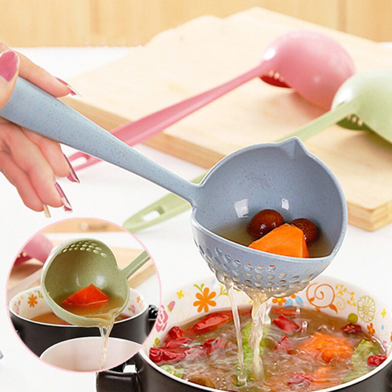 Soup Spoon Long Handle Kitchen Strainer Solid Color Cooking Colander Kitchen Scoop Plastic Tableware Colander Soup Ladle
