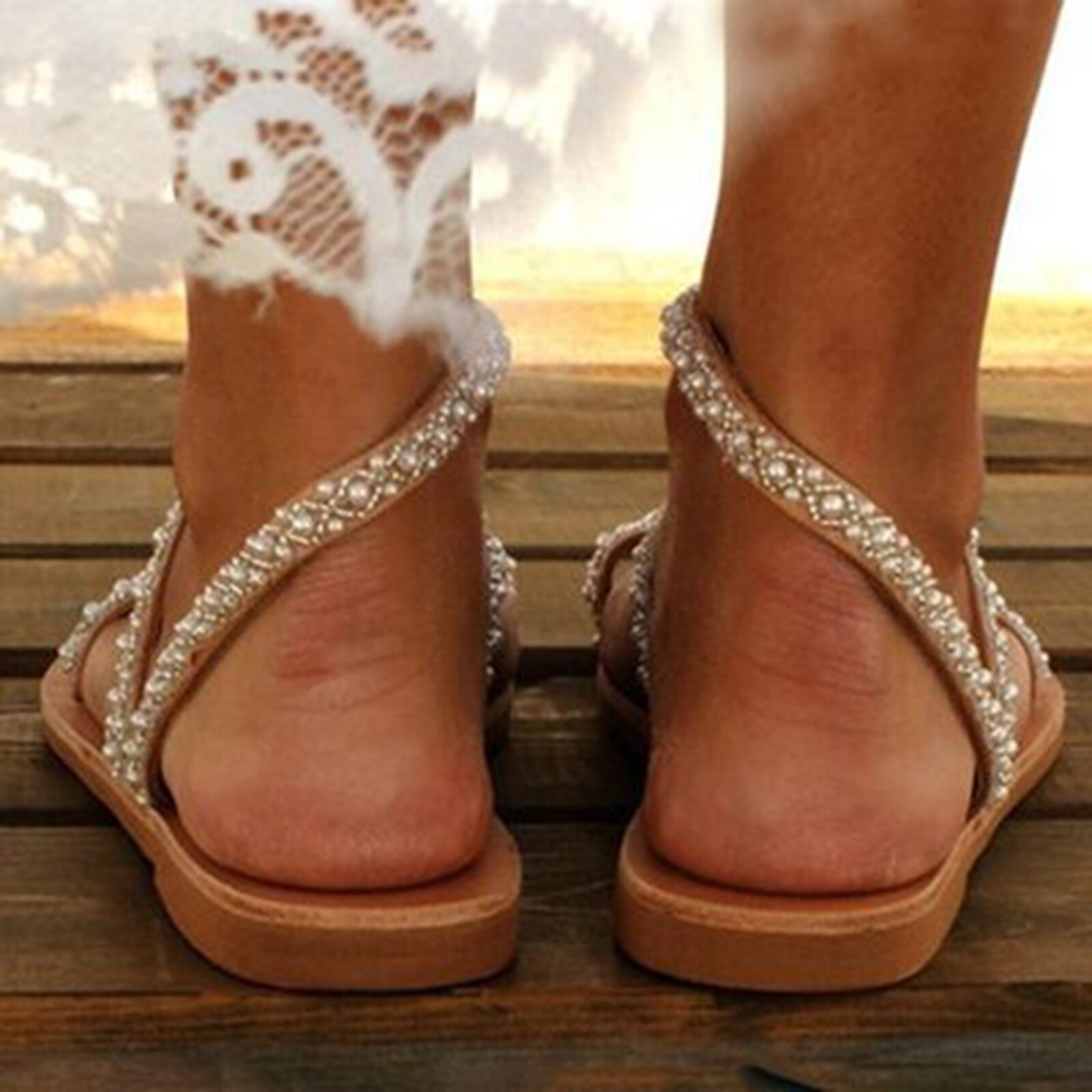 Woman Bohemia Sandal Pearl Sandals Lady Beach Shoes Leather Flats Shoes Dress Summer Shoes Sandalias Outdoor Casual
