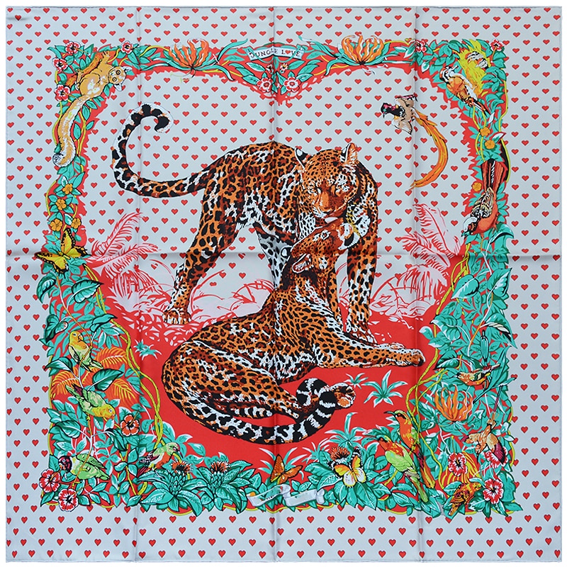 HuaJun 2 Store | | Attention coeur "Jungle Love" 90 foulard carré en soie sergé imprimé écharpe enroulée à la main