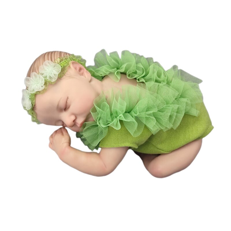 Newborn Girl Photography Outfits Cute Ruffle Lace Splicing Bodysuit Rompers with Flower Headband Hairband Baby Photo Props
