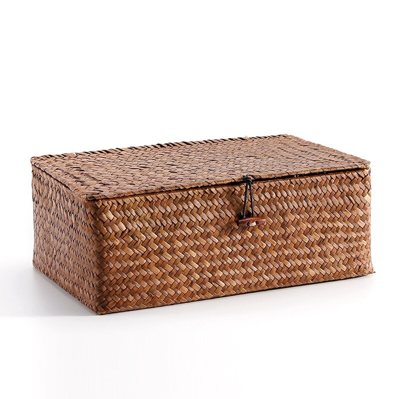 Handmade Woven Storage Baskets Laundry Basket Home Storage Rectangular Storage Box with Lid Sundries Organizer Box: Brown basket / M 26x10x16cm