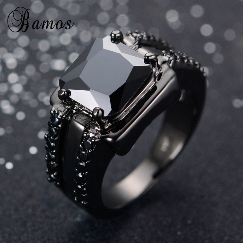 Bamos Gorgeous Male Black Ring Big Geometric Black Gold Filled Retro Party Wedding Rings For Men Father's Day