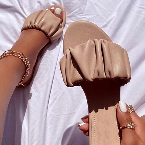 Dames geplooide pantoffels dames buiten zomerschoenen dames casual open teen platte dames strandschoenen dames slippers plus size: Bruin / 6.5