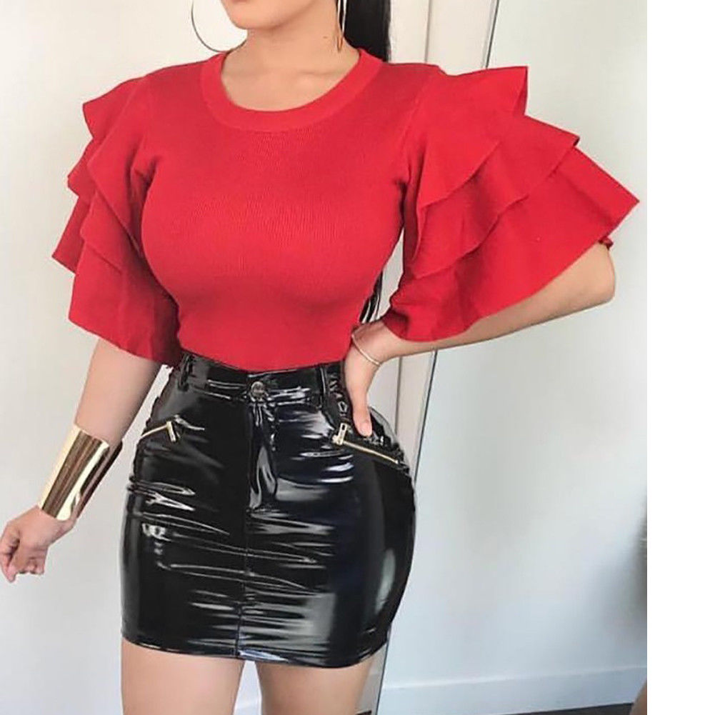 Womens Short Sleeve Blouse Peplum Summer Tops Ladies Long Office Shirts Plus Size Ruffle Blouse Femme