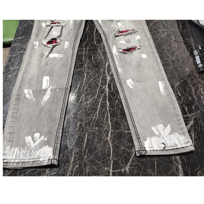 Vaqueros rasgados ajustados para hombre, pantalones pitillo ajustados con estampado de letras, ropa de calle, disfraz de tela vaquera con fecha de ,
