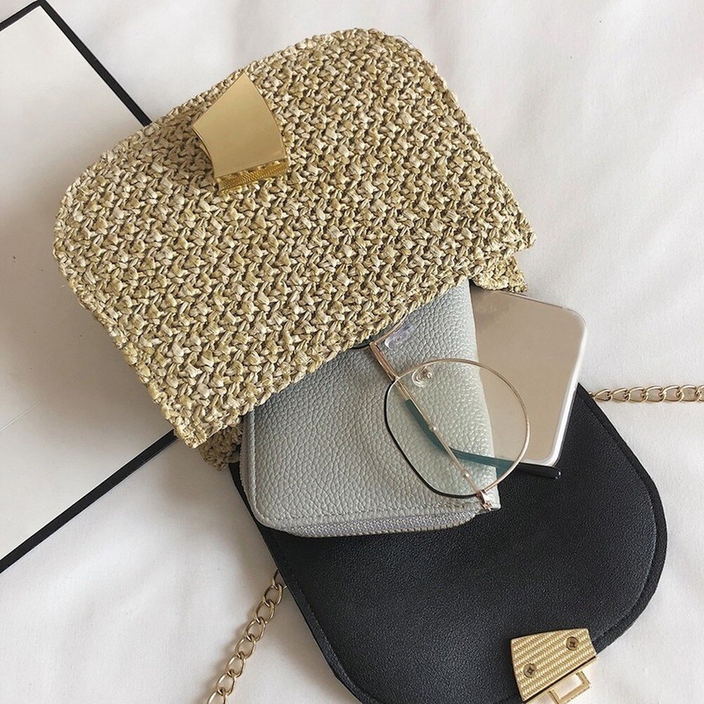 Vrouwen Messenger Bag Stro Strand Geweven Rotan Tas Ketting Band Vrouwelijke Schoudertas Kleine Dames Crossbody Flap Bag Bolsa Feminina