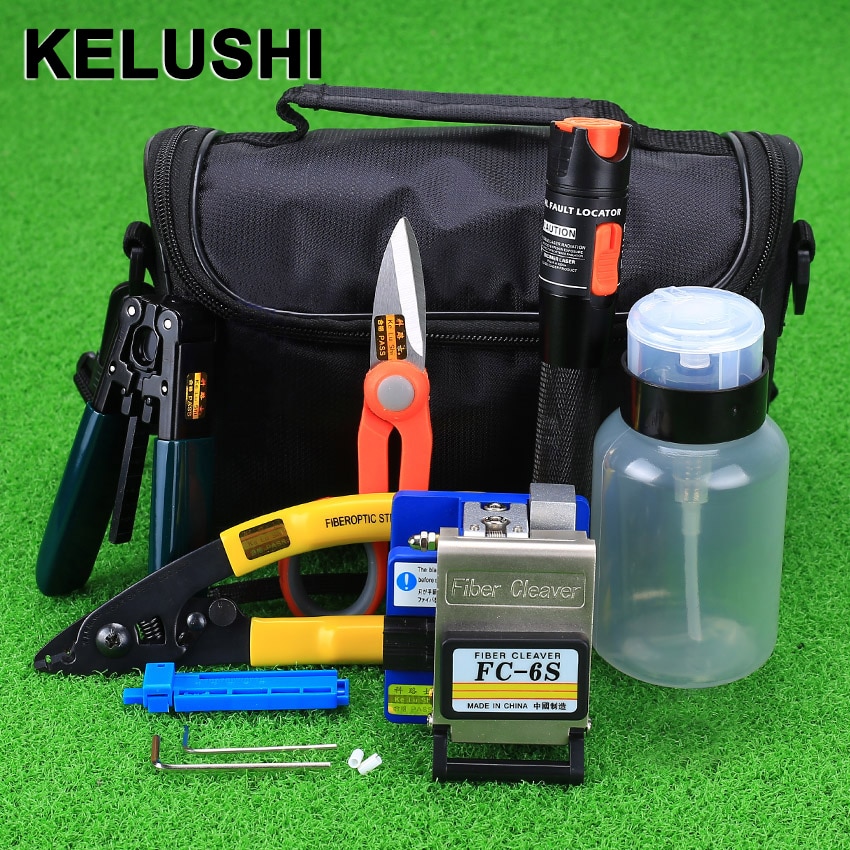 KELUSHI 15 pz/set In Fibra Ottica FTTH Tool Kit con FC-6S In Fibra di Mannaia e 10 mw Visual Fault Locator Fibra Ottica stripper