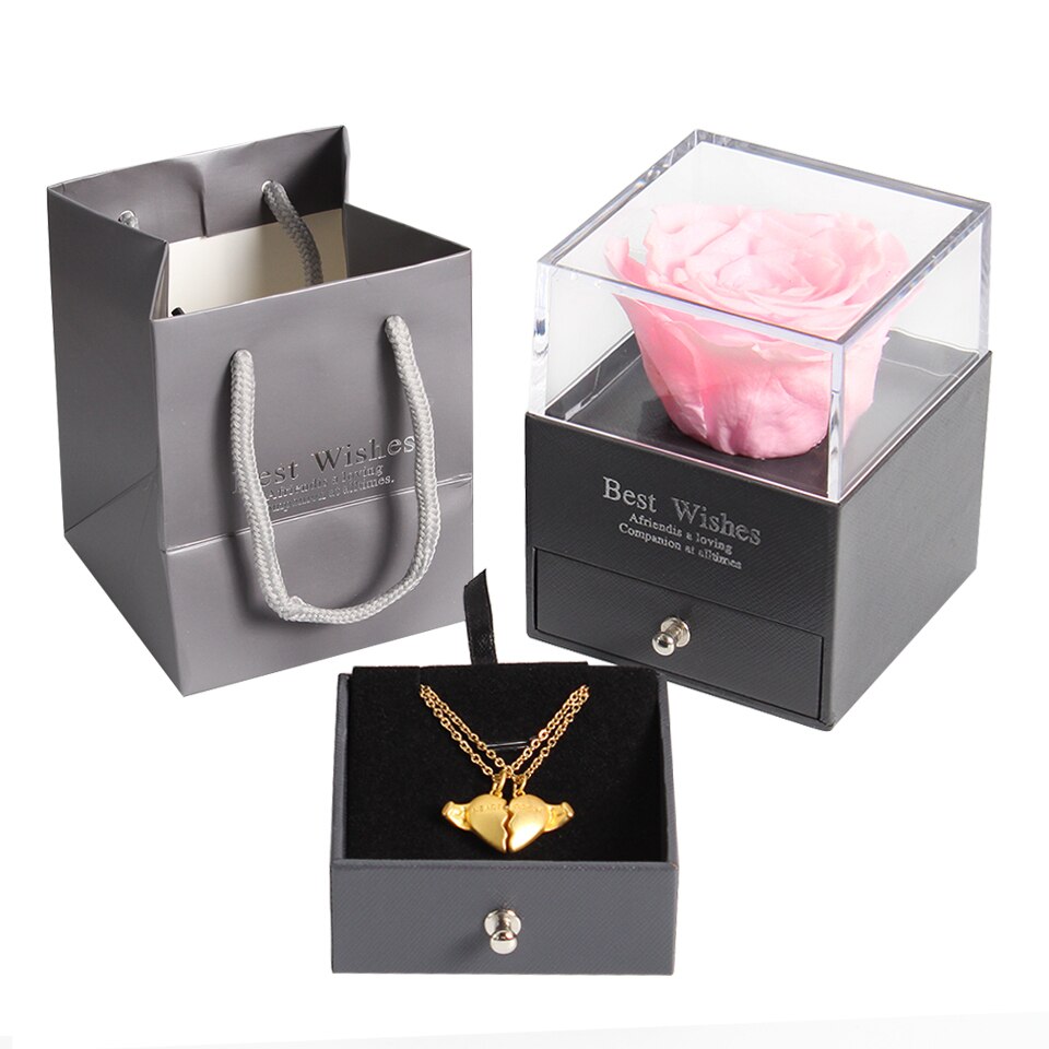 Preserved Real Rose Jewelry Box with Necklace Holder Immortal Flowers Forever Blossom Wedding Birthday Set for Women: pink with necklace