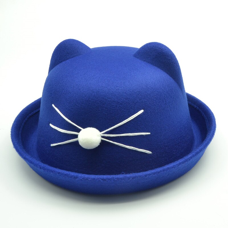 child bowler hat wool felt Fedora hats for Women Girls Children solid Cat Ear formal cap trilby Sombrero Derby 6 colors: Blue