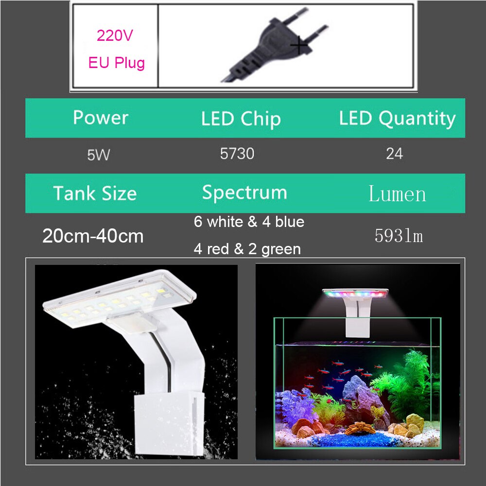 Super Slim LED Aquarium Lights Clip-on LED Plants Grow Light 5W Aquatic Freshwater Lamps Waterproof Lamp For Fish Tanks: M180-W EU Plug
