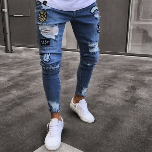Skinny jeans herre rip slim fit stretch denim distress flosset biker ridset udhulet lange jeans drengezone