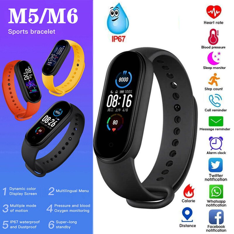 M5/m6 smarte sport band fitness spor skritteller hjertefrekvens blodtrykksmåler bluetooth smart klokke for iphone xiaomi android