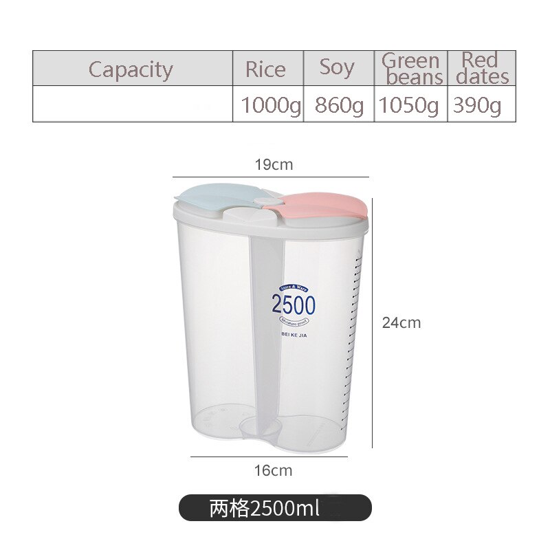 Food Storage Box Rotating Dry Rice Container Grain Tank Moisture-Proof Sealed Cans Separate Transparent Organizers: 2 grid-2500ml