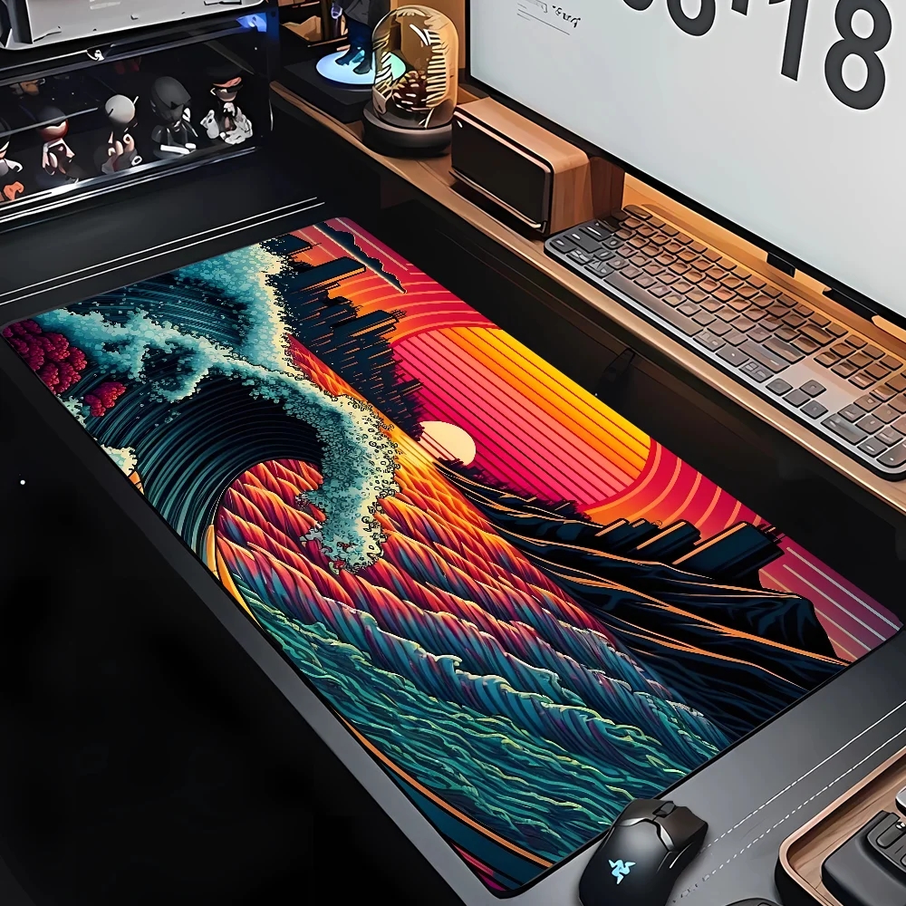 Alfombrilla de escritorio, alfombrilla de ratón para juegos, alfombrilla de escritorio grande para Gamer, alfombrilla de ratón de goma con grandes ondas artísticas, alfombrilla de ordenador de velocidad para oficina, alfombrillas Kawaii: 40x120 cm / Multicolor