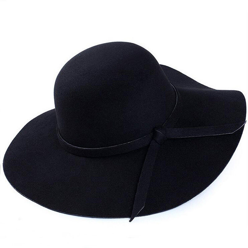 Vintage Lady Womens Wide Brim Wool felt Hat Floppy Felt Bowler Cloche Cap: Black