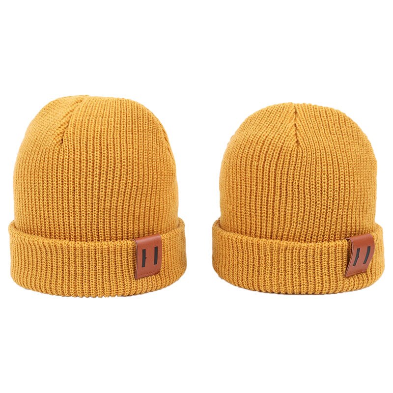 2PCS/LOT Mom Baby Hat for Boy Girl Knit Hat 8 Colors Solid Color Kids Beanie Cap for Adult Children Family Matching Caps: Yellow S and L