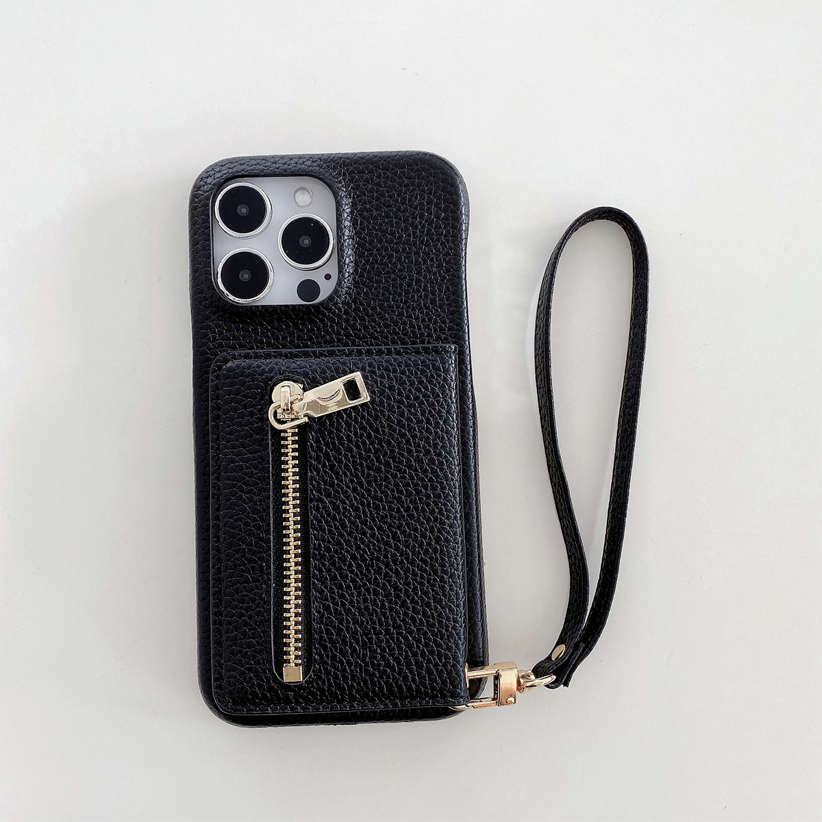 Luxus Litschi schälen aufbringen Pu Ledertasche für iPhone 15 14 13 12 11 Profi Max kleinen Spiegel Karten Halfter Schlüsselband Brieftasche Abdeckung: Eva / Schwarz