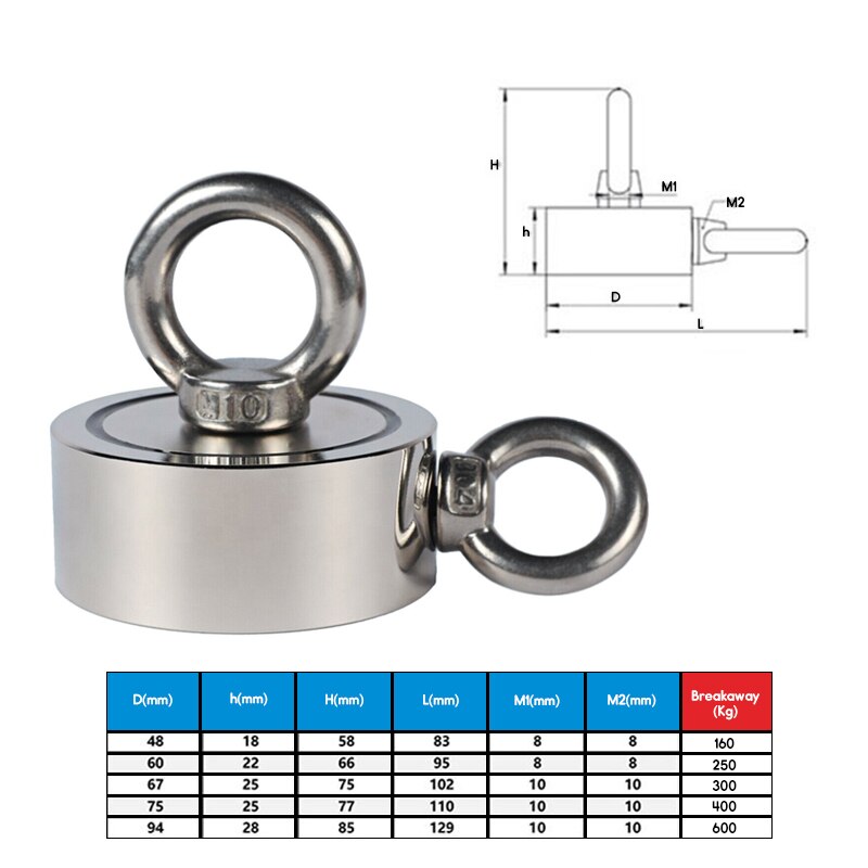 600Kg D94mm Dubbelzijdige Super Sterke Magneet Pot Vissen Magneet Salvage Vissen Haak Magneet Sterkste Permanente Krachtige Magnetische