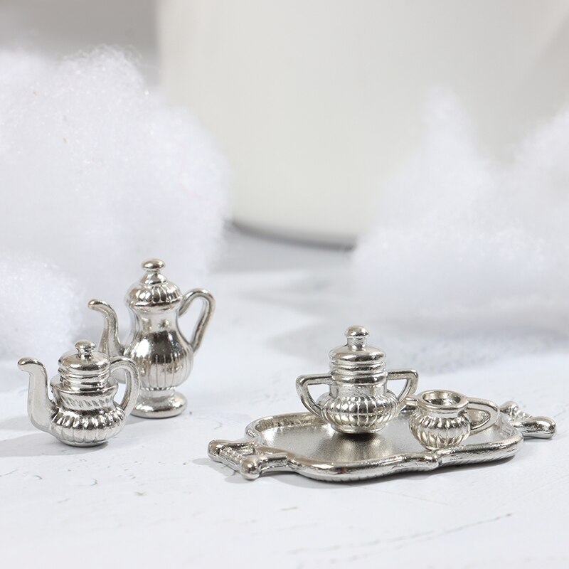 5pcs/Set Mini Dollhouse Miniature Silver Metal Kitchen Coffee Tea Set Pot Flagon Plate Doll House Decor Accessories Ornaments