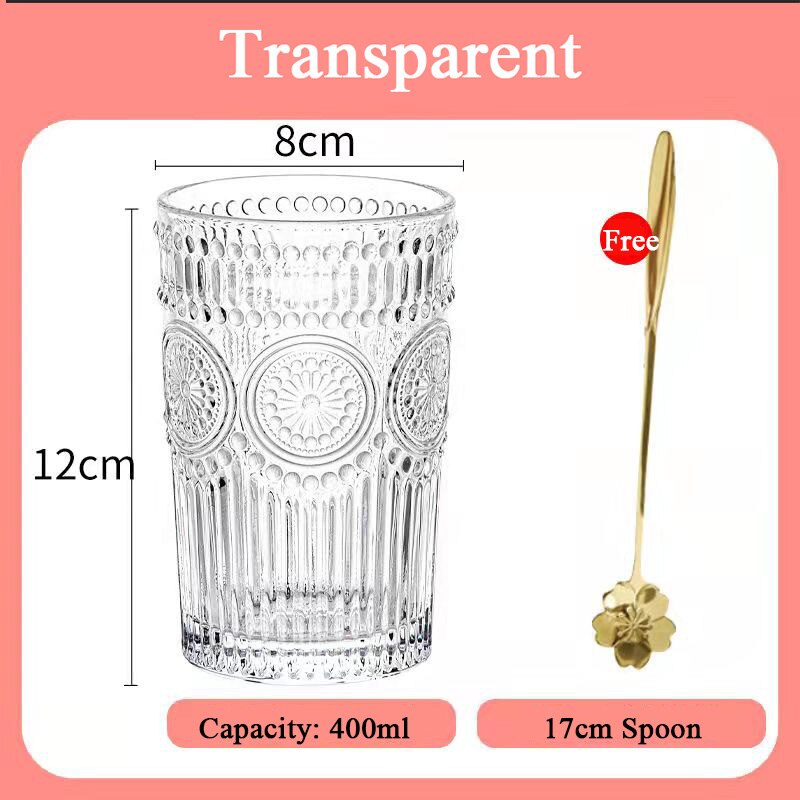 400ml Transparent Glass Water Cup Household Simple Fresh Style Wine Glass Retro Carved Drinking Juice Milk Coffee Beer Glass Cup: TM 400ML and Spoon