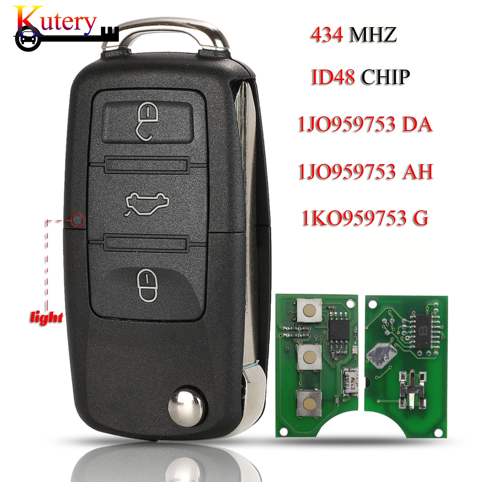 Kutery Flip Remote Car Key For VW Volkswagen GOLF PASSAT Tiguan Polo Jetta 434MHz ID48 Chip 1JO959753DA 1JO959753AH 1KO959753G