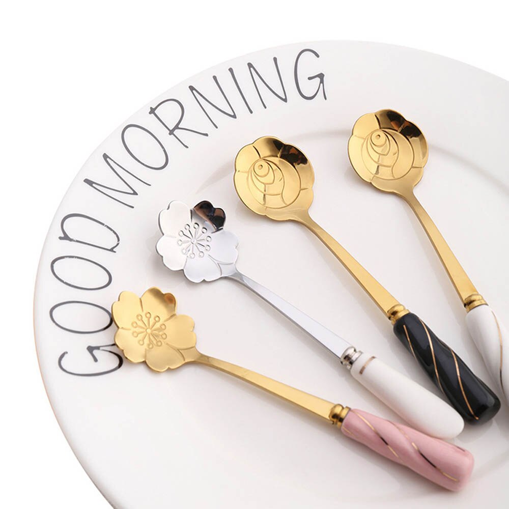 Flower Shape Spoon Ceramic Handle Stainless Steel Tea Coffee Spoon Teaspoons Coffee Stirring Spoon Coffee Accessorie Tableware