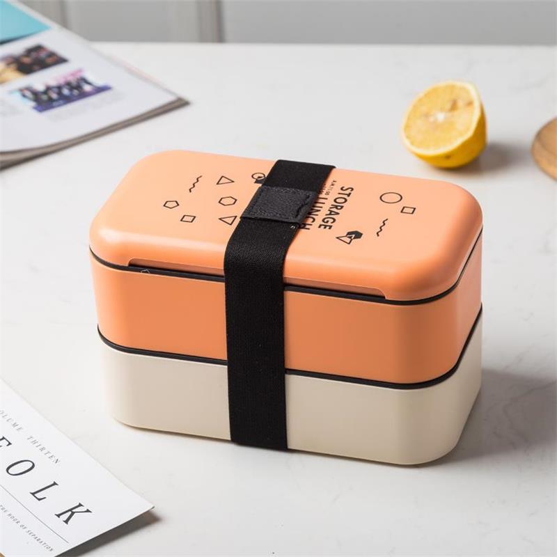 1000ml Portable 2 Layers Bento Box Food Container Plastic Leakproof Keep Warm Lunch Box Microwave Food Storage Box With Spoons: Orange