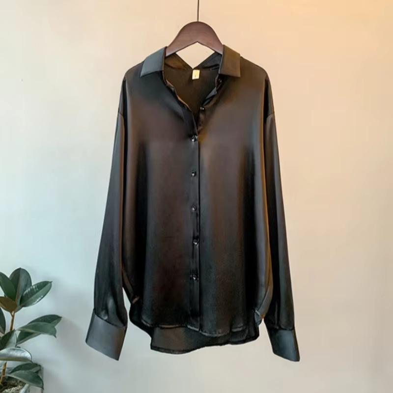 Vårskjorte med knapper i sateng og silke, vintagebluse, hvite topper, dame, lange ermer, løse gateskjorter, 11355