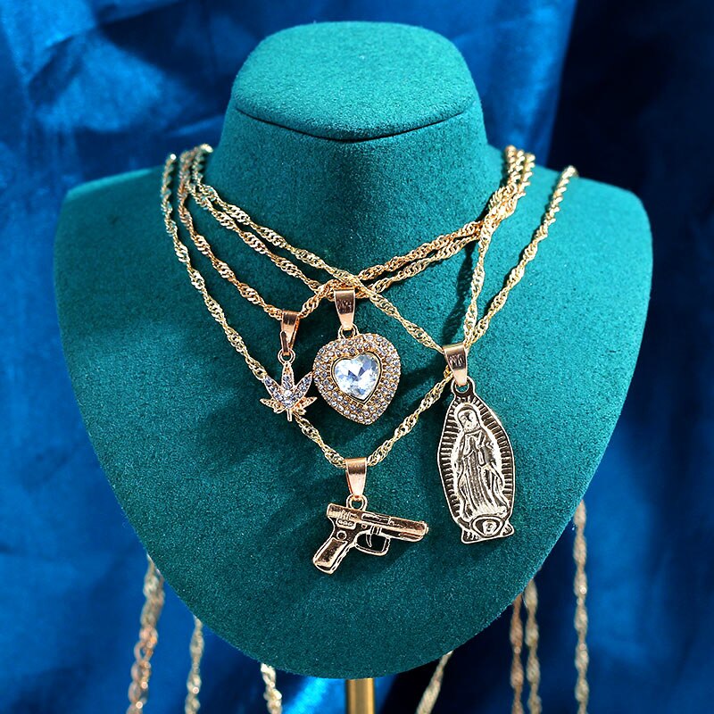 Collares de cristal multicapa con de mariposa y dragón para mujer, cadena de clavícula con letras de Ángel dorado Punk, joyería para de hip hop, novedad