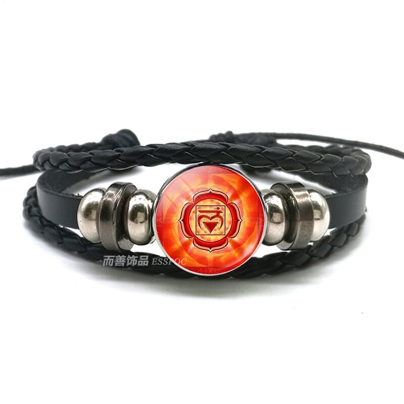 Pulsera de cuentas de 7 Chakras, brazalete de cuero negro con cabujón de cristal para meditación, joyería India para hombres y mujeres: chakra 7
