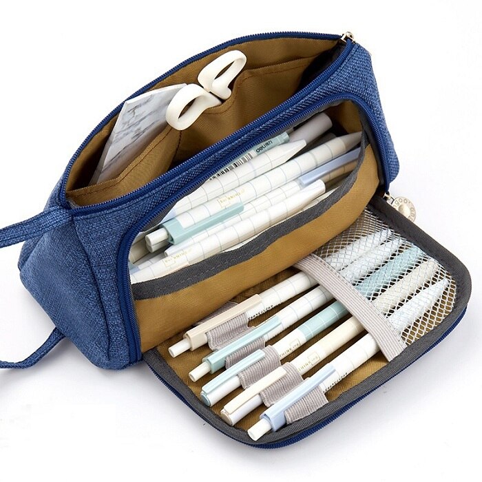 Solid Color Dark Grey Pencil Pouch Big Capacity Pen Bag Side Open Stationery Tools Case Make Up Bag Pencil Bag School Girl: dark blue