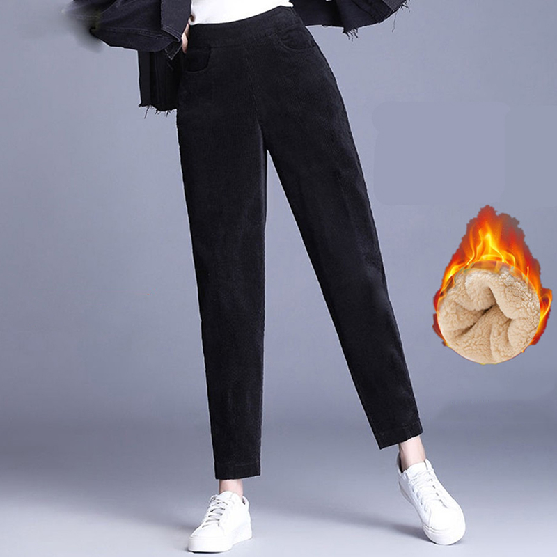 Plush Thick Casual Pants Women's Corduroy Warm Pants Autumn Winter Leggings High Waist Harem Pants Trousers Women Брюкиженские: XXL / black
